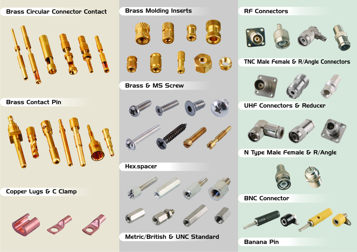 Connectors, Male-Female Contact Pin, Terminals ,Fastners,Adaptors,Brass Electronics Cable Connectors,Brass Auto Parts,Brass Fastners-  Screw Etc.